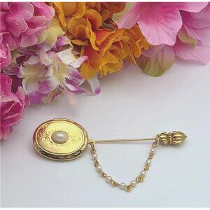 Vintage Avon Faux Pearl Locket Stick Pin 1980s Gold Tone Jewelry 3" Oval